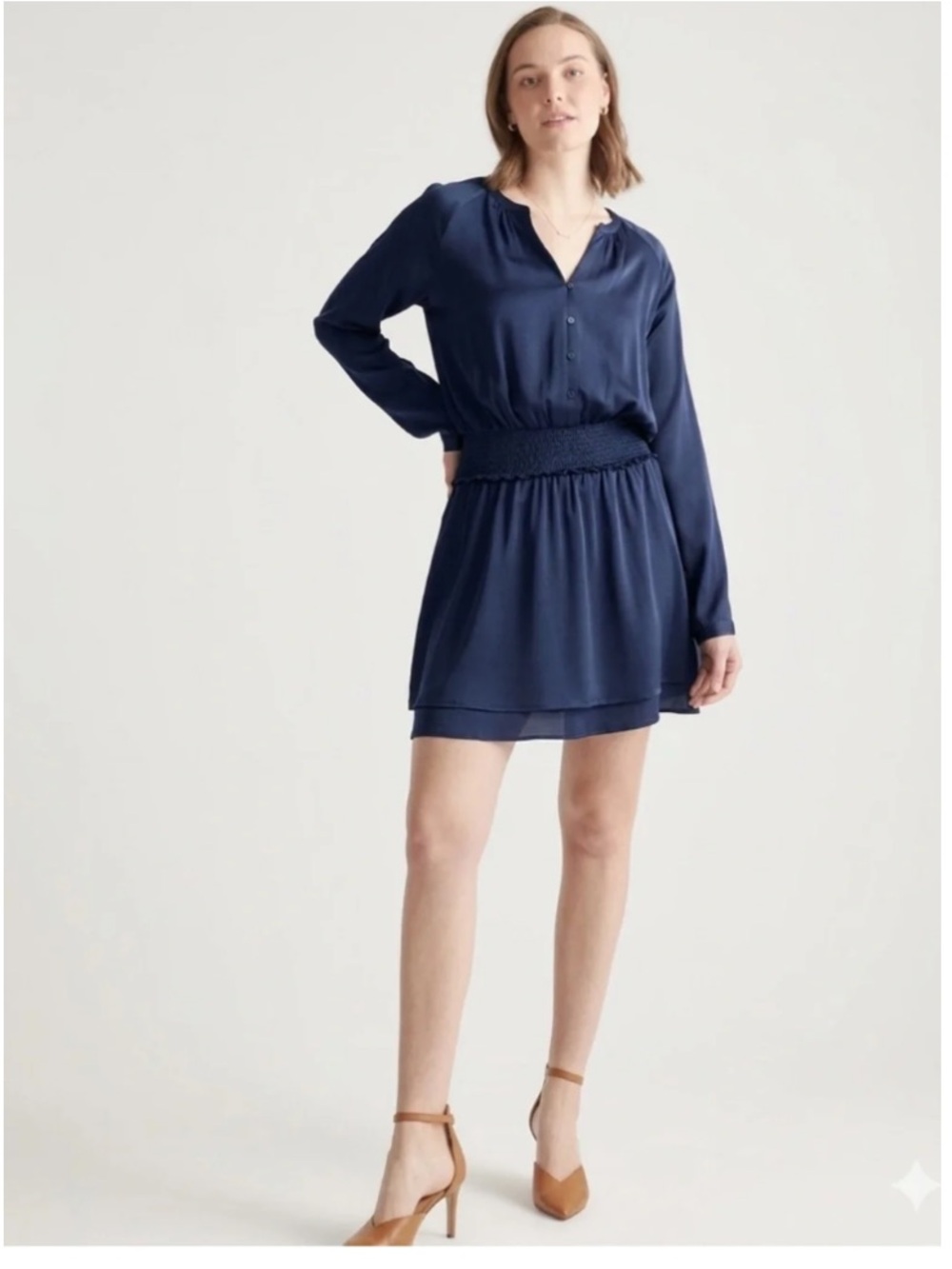 Quince Washable Stretch Silk Tiered Mini Dress Navy Blue Sz Large Long Sleeve